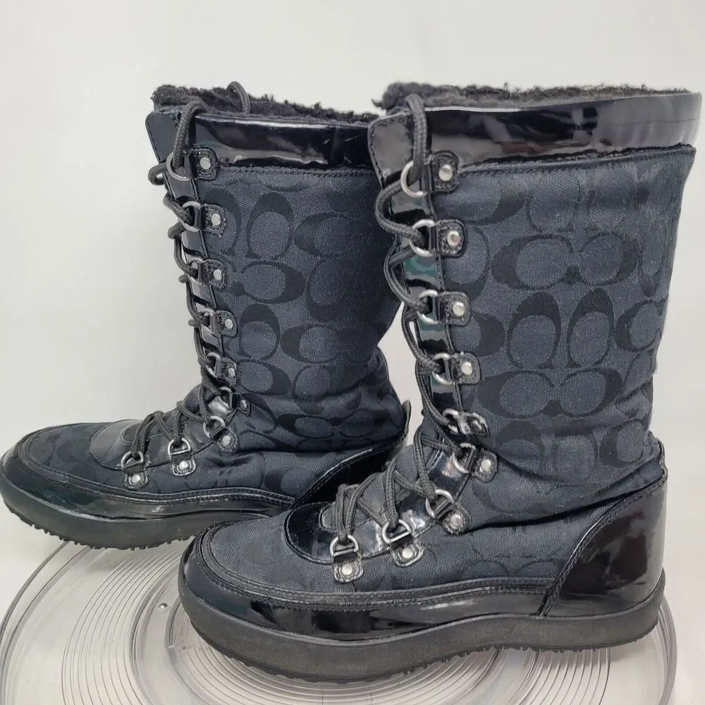 Coach Peggey Boots Womens 7.5 Signature Black Peggy Lace Up Mid-Calf Winter Snow - Picture 1 of 7